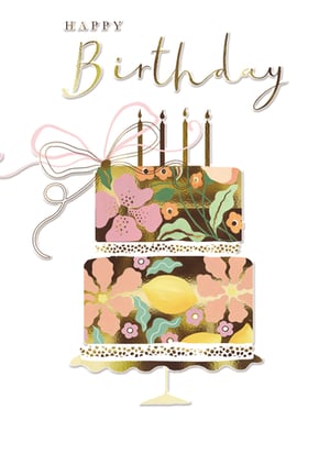 Celebrate special birthdays with this exquisite 'Open Birthday Female' card from the Great British Card Company. This beautifully illustrated design features a charming two-tiered cake, adorned with delicate pink and peach florals, fresh lemons, and lush green foliage. Elegant gold accents shimmer throughout the cake's pattern and the stylish 'Birthday' script, adding a touch of luxury. A pretty pink ribbon bow completes the celebratory look. Perfect for a wide range of female recipients, this card offers a sophisticated way to send warm wishes. Available in a convenient pack of 6, it's a delightful addition to any card display.