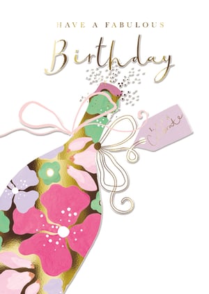 Celebrate her special day with this charming birthday card from the Great British Card Company. The design features a stylish champagne bottle, adorned with a lively floral pattern in shades of pink, lilac, and mint green, highlighted with elegant gold accents. A festive touch is added with the "HAVE A FABULOUS Birthday" message in beautiful gold script, delicate glitter details, and a "Let's Celebrate" tag. This card offers a blend of modern design and celebratory cheer, making it a lovely choice for any female recipient. Available in a convenient pack of 6.