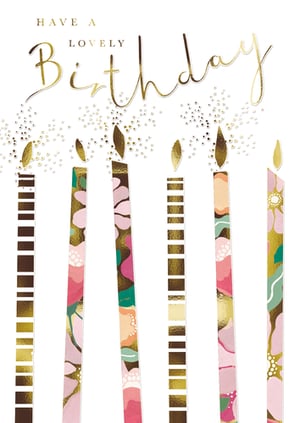 Wish someone a truly lovely birthday with this elegant card. Featuring shimmering gold foil lettering that spells out 'HAVE A LOVELY Birthday', this design is sure to delight. Six beautifully illustrated candles take centre stage, each adorned with unique patterns. Discover chic gold and brown stripes alongside delicate floral motifs in soft pinks, greens, and subtle gold accents. A scattering of tiny golden sparkles adds a touch of celebratory magic around the flickering flames. Perfect for any woman, this charming 'Open Birthday Female' card offers a sophisticated and heartfelt way to send your warmest wishes. Available in a convenient pack of six.