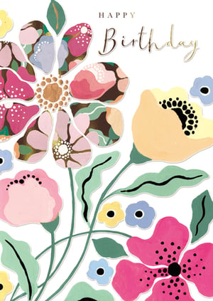 Brighten any birthday with this stunning 'Open Birthday Female' card from the Great British Card Company. This beautiful design features a vibrant and contemporary floral display, bursting with cheerful colours like fuchsia, pink, yellow, and soft blues. Elegant gold-effect detailing adds a touch of sophistication to the artistic, layered flower illustrations.

The "HAPPY Birthday" message, with "Birthday" in a stylish script, complements the modern aesthetic perfectly. This eye-catching card is ideal for celebrating her special day, offering a fresh and joyful greeting. Each wholesale pack contains 6 beautifully crafted cards, ready to delight your customers with their unique charm and quality.