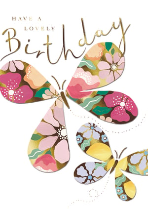Wish someone a wonderful day with this charming "Have a Lovely Birthday" card from the Great British Card Company. This delightful design showcases elegant butterflies adorned with intricate floral patterns in a palette of soft pinks, corals, and blues, beautifully highlighted with golden accents. The graceful script lettering adds a sophisticated touch. Ideal for sending heartfelt birthday wishes to any female recipient, this card is both pretty and appealing. Enhance your greeting card selection with this lovely option, supplied in a convenient pack of 6. It's a perfect choice for customers seeking a special way to celebrate.