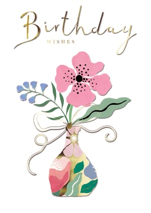 Introduce a touch of elegance and joy to your card selection with the "Open Birthday Female" card from the Great British Card Company. This delightful design features shimmering gold "Birthday Wishes" script, setting a celebratory tone. A vibrant, artfully illustrated bouquet takes centre stage, showcasing a striking pink flower with intricate details, alongside delicate blue blooms and lush green leaves. The flowers are beautifully presented in a uniquely patterned vase, adorned with cheerful abstract shapes in pink, green, and blue, all enhanced by subtle gold accents and a charming gold ribbon. Perfect for any female recipient, this card offers a truly special way to send birthday greetings. Supplied in a pack of 6, it’s an excellent choice for retailers seeking high-quality, eye-catching birthday cards.