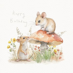 Send the sweetest birthday wishes with this utterly charming card from the Great British Card Company. Featuring two adorable mice in a delicate watercolour style, one perched playfully on a toadstool while the other looks up with affection, it's a truly heartwarming scene. Surrounded by soft wildflowers and grasses, the 'Happy Birthday' message is beautifully handwritten. This delightful 'Open Birthday Female' card is perfect for celebrating any special woman in your life, offering a gentle and delightful way to show you care. Available in a convenient pack of 6, it's ready to bring smiles.