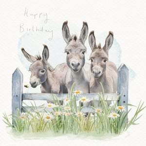 Send the sweetest birthday wishes with this utterly charming card featuring three adorable donkeys! Peeking over a rustic picket fence, these delightful creatures, accompanied by a busy little bee and cheerful daisies, are brought to life in a beautiful watercolour style. The soft colours and heartwarming scene make this 'Happy Birthday' card perfect for any female recipient, young or old. It's a truly lovely way to celebrate their special day, bringing a smile to their face with its gentle charm and endearing illustration.
