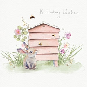 Send the sweetest birthday wishes with this enchanting card, perfect for any female recipient. Featuring a charming watercolour illustration, this design captures a delightful bunny gazing up at a busy beehive, surrounded by delicate wildflowers and buzzing bees. The gentle artistry and warm 'Birthday Wishes' sentiment create a truly heartwarming card.

From the Great British Card Company, this beautiful design is sure to bring a smile. Each pack contains 6 cards, making it an ideal addition to your retail collection for customers seeking a thoughtful and beautifully crafted birthday greeting.