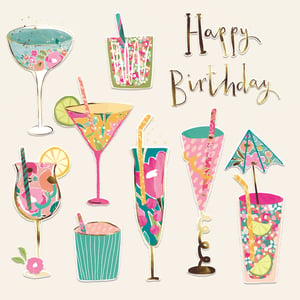 Make her birthday extra special with our delightful 'Open Birthday Female' card, brought to you by the Great British Card Company. This charming design features an array of beautifully illustrated cocktails and celebratory drinks, each adorned with vibrant floral patterns, playful confetti, and sparkling gold accents. From elegant coupes to fun martini glasses, every drink is a miniature work of art, bursting with cheerful pinks, blues, and greens. The elegant 'Happy Birthday' script adds a touch of sophistication. Perfect for any female recipient, these cards are sure to bring a smile. Supplied in a convenient pack of 6, they're ideal for keeping on hand for those special occasions.