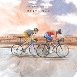 Make their special day truly memorable with this stunning 'Open Birthday Male' card from the Great British Card Company. This beautifully illustrated card features two dedicated cyclists in full motion, brought to life with a captivating watercolour technique. The vibrant hues of the sky and the energetic scene perfectly convey a sense of adventure and determination. It's the ideal choice for any cycling enthusiast or for someone who appreciates a unique and artistic birthday greeting. A wonderful way to send your best wishes!