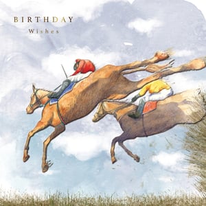 Capture the excitement of the race with our Open Birthday Male card from the Great British Card Company. This striking design features two jockeys and their horses in full flight over a jump, rendered in a vibrant watercolour style. It's a truly dynamic and artistic card, perfect for celebrating any male's special day. The classic sporting theme and 'BIRTHDAY Wishes' message make it a versatile and popular choice for your customers. Available in a convenient pack of 6, these cards are sure to gallop off your shelves!