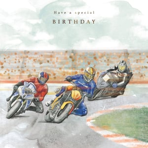 Rev up your birthday card offerings with our exhilarating 'Open Birthday Male' card! This dynamic design captures the thrill of the race, featuring three motorcyclists leaning into a turn on a vibrant track. The stylish, watercolour-effect artwork brings the speed and excitement to life, making it the perfect choice for any male recipient who loves motorbikes, racing, or action-packed adventures.

Crafted with care by the renowned Great British Card Company, this card promises quality and appeal. Each pack contains 6 cards, ready to add a touch of high-octane fun to your retail display. It's a fantastic way to celebrate a special birthday!
