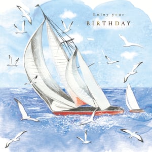 Set sail for a wonderful celebration with this beautiful 'Open Birthday Male' card. Featuring a stunning watercolour illustration, a majestic sailboat glides across the deep blue waves under a serene sky, accompanied by a flock of graceful seagulls. The vibrant red hull adds a touch of classic charm to this nautical scene. With the elegant message 'Enjoy your BIRTHDAY', this card is perfect for any male recipient, offering a timeless and sophisticated way to send your best wishes. Supplied by the Great British Card Company, these high-quality cards are available in convenient packs of 6, ready to delight your customers.
