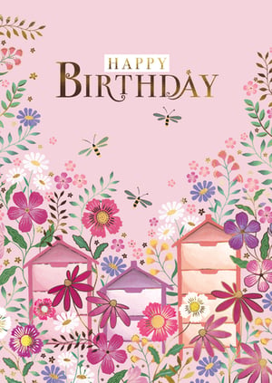 Celebrate birthdays with this delightful "Open Birthday Female" card from the Great British Card Company. This charming design features a vibrant array of colourful flowers in shades of pink, purple, white, and yellow, set against a soft pink background. Elegant gold-foiled "Happy Birthday" lettering adds a touch of sophistication, while whimsical bees and decorative floral houses complete the enchanting scene. Perfect for any female recipient, this beautiful card offers a warm and friendly greeting. Available in a convenient pack of 6, it's an ideal addition to your card selection, ready to bring joy to every celebration.