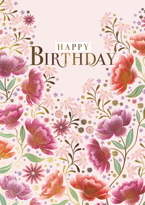 Delight your customers with this truly beautiful 'Happy Birthday' card, perfect for celebrating any special woman. Adorned with a lavish display of vibrant florals in rich pinks, corals, and purples, complemented by delicate gold accents, this design exudes elegance and charm. The artistic, painted style creates a luxurious feel, making it a standout choice for any birthday celebration.

Supplied by the Great British Card Company, you can trust in its quality and appeal. This 'Open Birthday Female' card is versatile and universally lovely. Available in a convenient pack of six, it's an essential addition to your greeting card selection, ready to bring joy to every recipient.