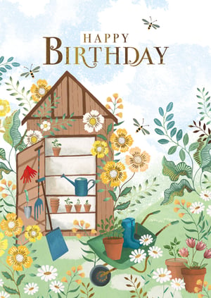 Bring the joy of a blooming garden to her birthday with this beautiful card. Adorned with a rustic garden shed, colourful flowers, and charming gardening essentials like a wheelbarrow and watering can, it's a truly heartwarming design. Delicate bees flit across the sky, adding to the serene outdoor scene.

Perfect for any nature lover, this 'Open Birthday Female' card from the Great British Card Company is supplied in a handy 1x6 pack. It's an ideal choice for retailers looking to offer a delightful and thoughtful card that celebrates her special day with natural charm.