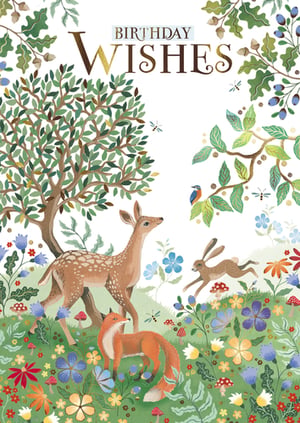 Send the warmest birthday wishes with this enchanting card, featuring a delightful woodland scene. Adorned with charming creatures like a gentle fawn, a curious fox, and a playful rabbit, it's a true celebration of nature's beauty. Lush trees, vibrant wildflowers, and delicate dragonflies create a truly captivating design.

The rich colours and intricate details make this card a joy to receive, perfect for celebrating a special woman's birthday. Crafted with care by the Great British Card Company, it offers a touch of elegance and whimsy for any recipient.