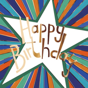 Introduce a splash of colour to your greeting card selection with our Open Birthday Male card from the Great British Card Company. This striking design features a bold white star, beautifully framing the "Happy Birthday" message in a mix of shimmering gold and cream lettering. The star bursts from a dynamic background of radiating stripes, showcasing a lively palette of blues, oranges, and teals, all outlined with a smart green border. It's a modern and celebratory choice, perfect for any birthday celebration. Stock up with ease; each pack contains 6 of these fantastic cards, ready to delight your customers.