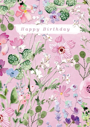 Delight your customers with this exquisite 'Open Birthday Female' card, featuring a charming watercolour floral design. Set against a soft pink background, a beautiful array of delicate blooms and foliage in shades of pink, purple, blue, and green creates a truly captivating scene. The elegant 'Happy Birthday' message makes this card perfect for any female recipient, offering a versatile and heartfelt greeting. Crafted with care by the Great British Card Company, its high-quality finish and artistic appeal are sure to stand out. Available in a convenient pack of 6, it's an essential addition to your greeting card selection.