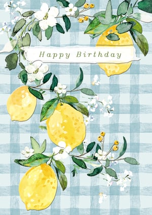 Add a touch of sunshine to your card collection with this beautiful Open Birthday Female card from the Great British Card Company. This charming design features a vibrant watercolour illustration of zesty lemons, delicate white blossoms, and lush green foliage, all set against a fresh, light blue gingham background. The elegant 'Happy Birthday' message is presented on a stylish torn-edge banner. Perfect for celebrating any woman's special day, this card offers a delightful blend of freshness and sophistication. Available in a convenient pack of 6, it's an ideal choice for retailers looking for quality and appeal.