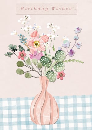 Introduce a touch of charm to your card selection with our Open Birthday Female card, proudly supplied by the Great British Card Company. This lovely design showcases a delicate watercolour bouquet, featuring soft pink, blue, and green blooms, arranged in an elegant striped vase. The 'Birthday Wishes' message is presented on a subtle banner, complementing the gentle blue and white gingham tablecloth below. It's a warm and inviting card, perfect for celebrating any female's birthday. Each pack contains 6 cards, making it an ideal choice for retailers looking for quality and appeal.