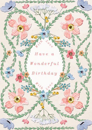 Brighten someone's special day with this exquisite 'Open Birthday Female' card from the Great British Card Company. Featuring a beautifully symmetrical floral design, this card boasts delicate watercolour-style illustrations in soft pinks, blues, and greens, creating a truly charming and elegant aesthetic. The central oval frame warmly wishes 'Have a Wonderful Birthday' with an added touch of 'With Love'. Perfect for a wide range of female recipients, its versatile design makes it a lovely choice for friends, family, or colleagues. Each pack contains 6 cards, ready to add a touch of natural beauty to your greeting card selection.