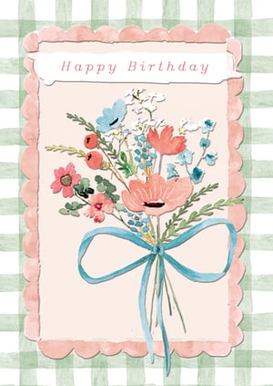 Introduce a touch of timeless charm to your card collection with this exquisite 'Open Birthday Female' card, proudly brought to you by the Great British Card Company. This beautifully illustrated card features a captivating watercolour bouquet, showcasing delicate blooms in soft coral, gentle blues, and pretty pinks, elegantly tied with a flowing teal ribbon. The central design is framed by a charming scalloped border in a warm peach hue, all set against a fresh, hand-painted green gingham background. A simple 'Happy Birthday' message adorns a sweet banner, making it a versatile choice for any female recipient. Available in a convenient pack of 6, these cards promise to be a popular addition to your retail offering.
