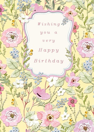 Celebrate special moments with our charming 'Open Birthday Female' card. This delightful design features a beautiful watercolour floral pattern, showcasing an array of soft pink, blue, and white blossoms set against a cheerful pale yellow background.

An elegant central frame gracefully displays the heartfelt message: 'Wishing you a very Happy Birthday', making it a perfect choice for any female recipient. Crafted with care by the Great British Card Company, this card exudes warmth and classic appeal.

Supplied in a convenient pack of 6, these lovely cards are sure to be a popular addition to your greeting card selection, offering a touch of floral elegance for every birthday celebration.