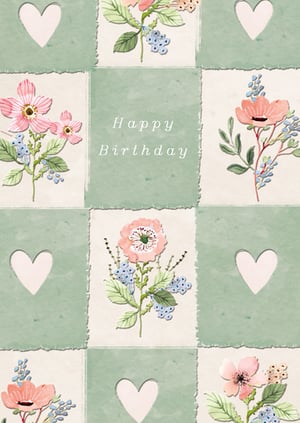Celebrate her special day with this charming 'Open Birthday Female' card from the Great British Card Company. This delightful design features a patchwork of soft sage green squares, some adorned with delicate heart cut-outs, alternating with beautifully illustrated floral motifs. Delicate pink and peach blossoms are complemented by subtle blue accents and fresh green foliage, all set against a textured, off-white background with a lovely torn-edge effect. The central panel elegantly wishes 'Happy Birthday' in a gentle script. Perfect for a wide range of female recipients, these cards offer a warm and heartfelt message. Available in a convenient pack size of 1x6, they are an ideal addition to your greeting card selection.