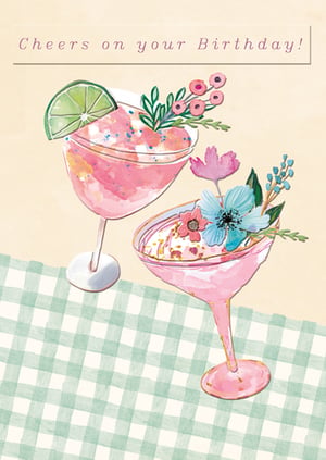 Raise a toast to her special day with this delightful 'Cheers on your Birthday!' card. Adorned with beautiful watercolour illustrations of pink cocktails, fresh lime, and vibrant floral arrangements, it's a wonderfully cheerful way to send your best wishes. The soft colours and festive design make it the perfect choice for any female birthday celebration. A truly charming card to brighten her day!