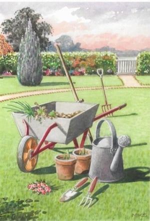 a painting of gardening tools and a wheelbarrow in a garden