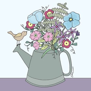 a drawing of a watering can filled with flowers and a bird