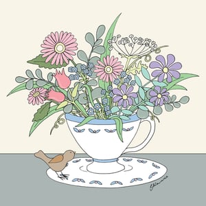 a drawing of flowers in a cup with a bird on a saucer