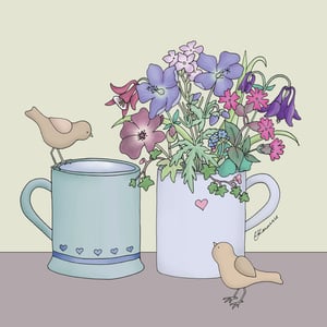 a drawing of two mugs with flowers in them and the name ellamarie on the bottom