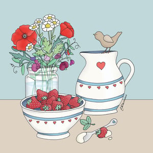 a bowl of strawberries sits next to a pitcher and a vase of flowers