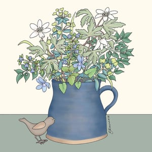 a drawing of flowers in a blue pitcher with a bird next to it