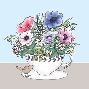 a drawing of flowers in a teacup with a bird sitting on the saucer