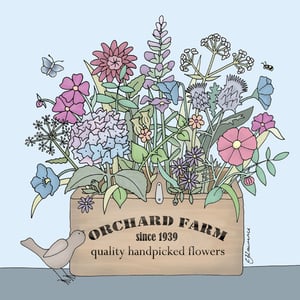 a drawing of flowers in a box that says orchard farm