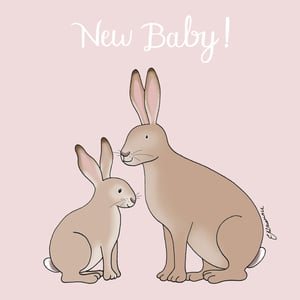 a pink background with two rabbits and the words new baby