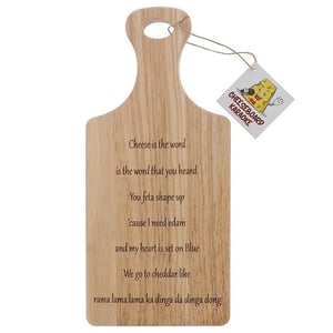 a wooden cutting board with a tag that says cheeseboard karaoke