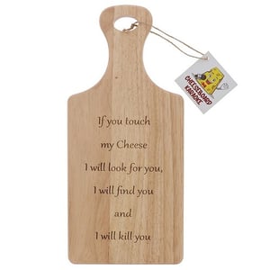 a wooden cutting board with a tag that says cheeseboard karaoke