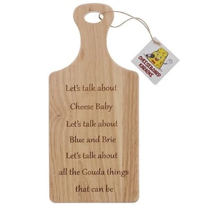 a wooden cutting board that says let 's talk about cheese baby