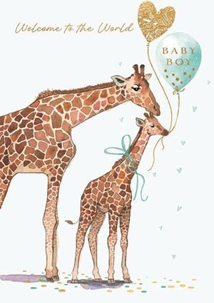 a mother giraffe and her baby giraffe are holding balloons .