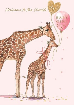 a mother giraffe and her baby giraffe are standing next to each other holding balloons .
