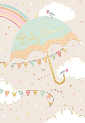 a baby shower card with an umbrella and a rainbow .