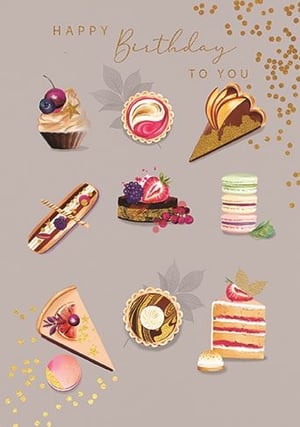 a birthday card with a variety of desserts on it .