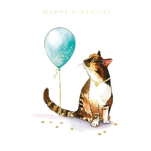 a cat is sitting next to a blue balloon on a birthday card .