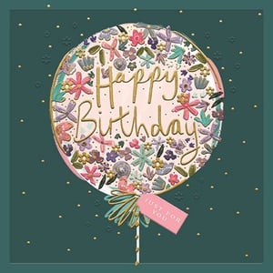 a happy birthday card with a floral balloon on a stick .