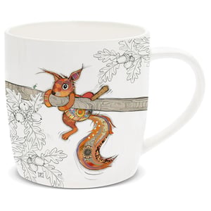 a white mug with a colorful squirrel on it