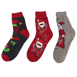 three pairs of christmas socks with santa on them