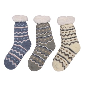 three pairs of socks with different designs on them