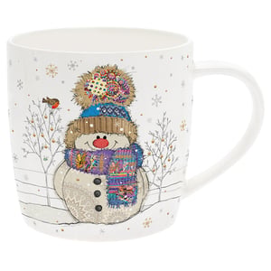 a mug with a snowman wearing a hat and scarf