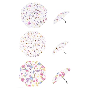 a white umbrella with purple flowers and butterflies on it